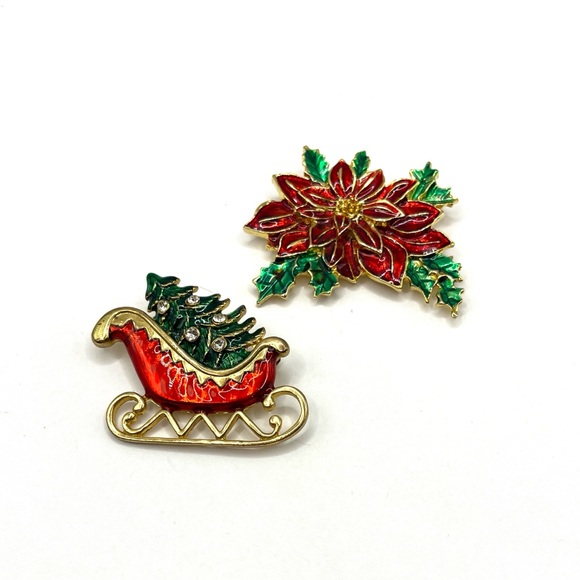 Jewelry - Festive Red and Green Poinsettias and Red Sled Christmas Tree Brooches
